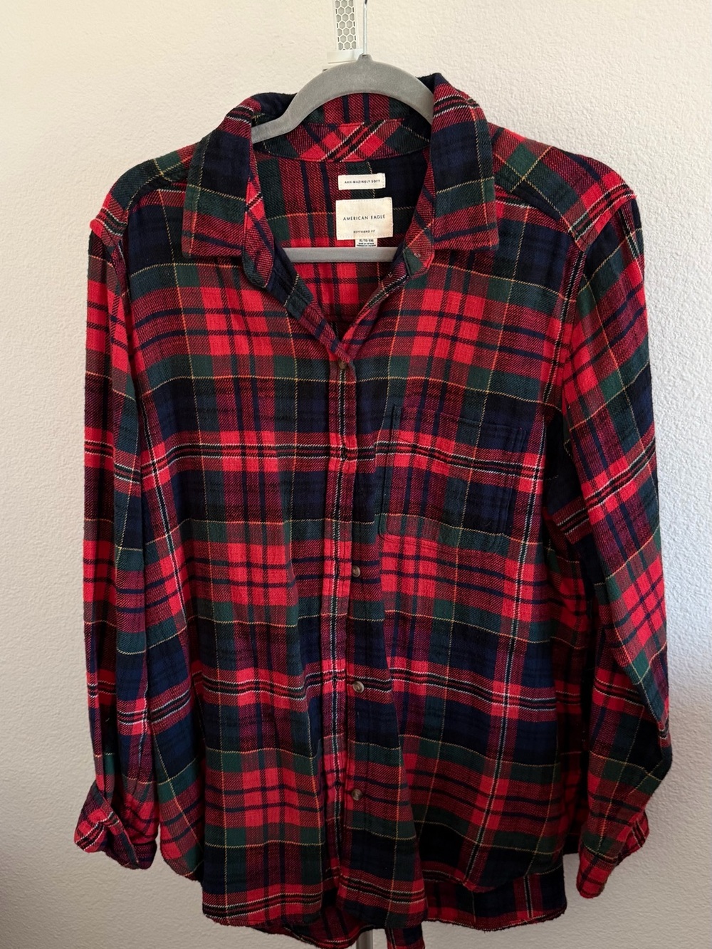 American Eagle Outfitters Red, Green & Navy Plaid Button-Down Shirt